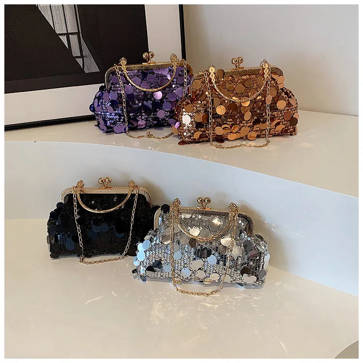 Elegant Sequins Evening Clutch Bag - Bling Chain Strap