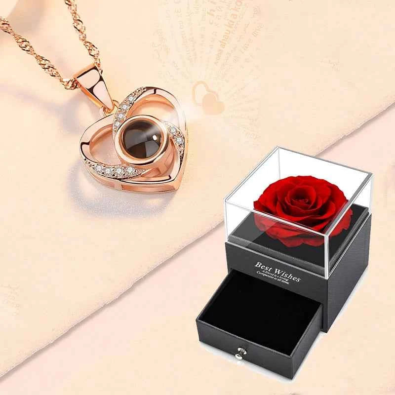 Girlfriend projection necklace - golden 'I Love You' 100 languages pendant with rose gift box