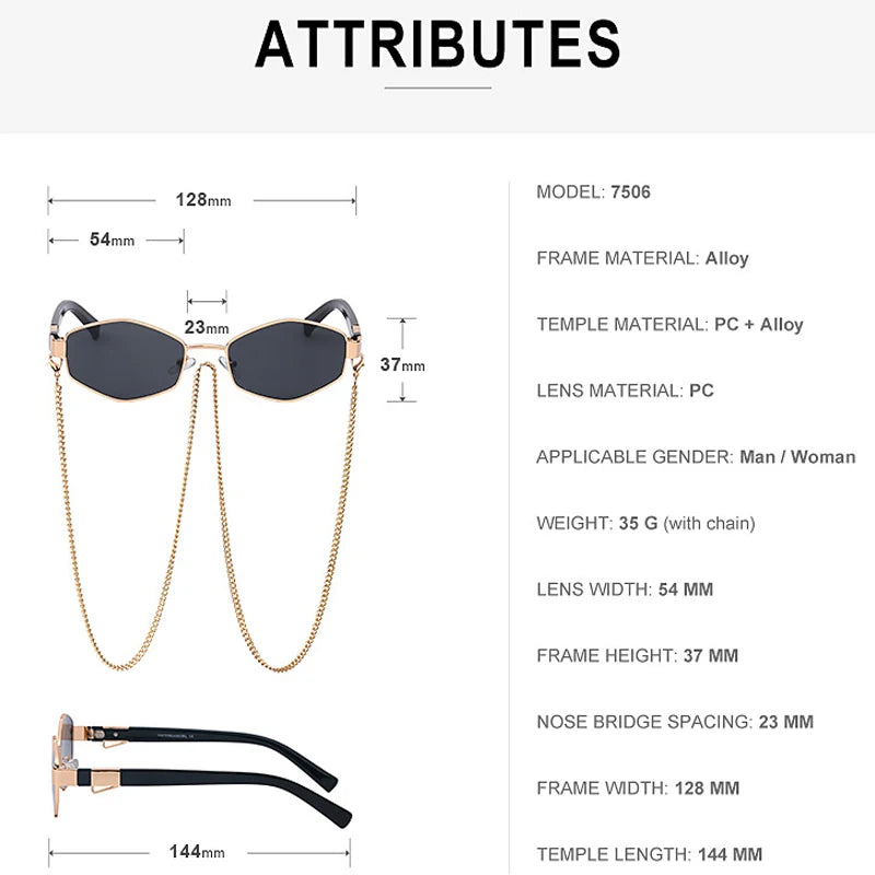 Luxury Hexagon Sunglasses with Chain - Designer Shades