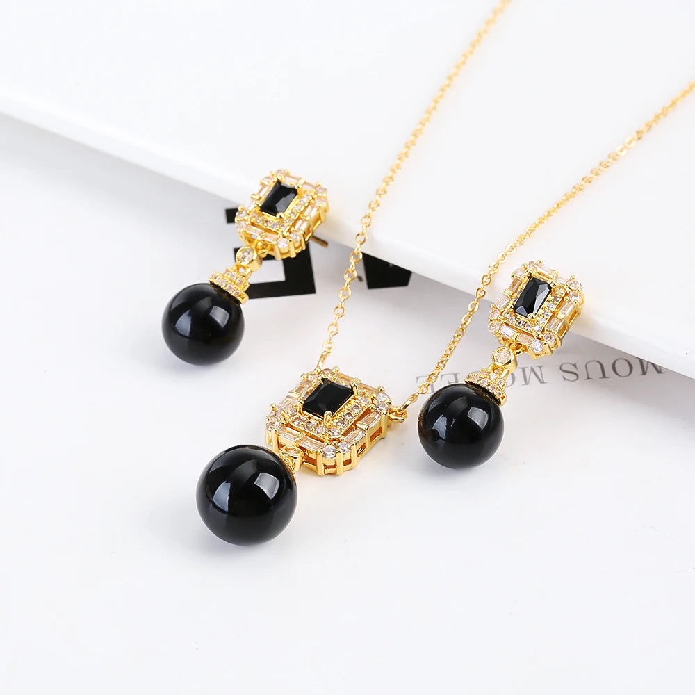 Luxury Pearl Pendant Necklace Earring Set - 18K Gold Plated