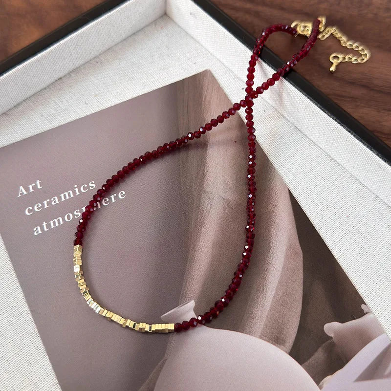 Elegant Red Pearl Glass Bead Necklace - Luxury Collarbone Chain