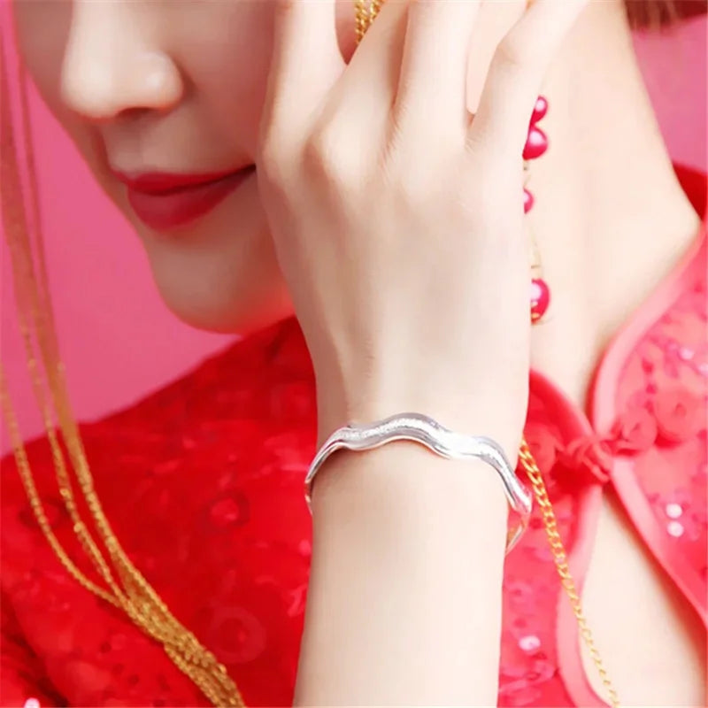 Elegant Wavy Open Bangle Bracelet - Frosted Sterling Silver