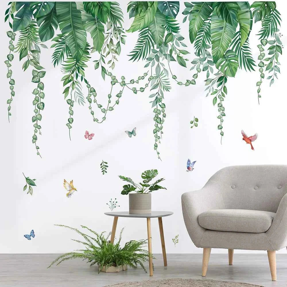 Green Tropical Leaves Wall Stickers - Removable PVC Palm Leaf Vine Decals for Bedroom & Living Room Decor - Tulique