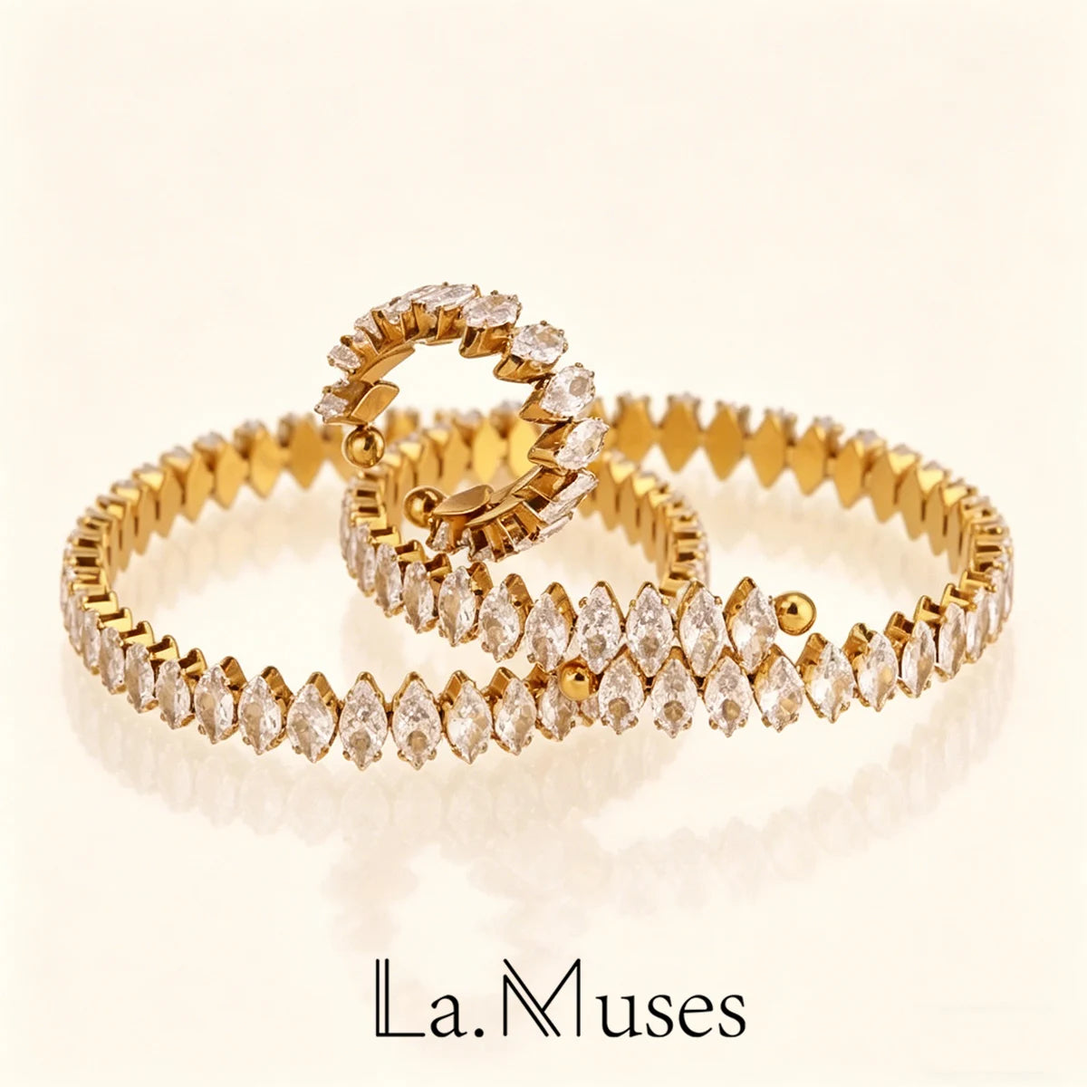 Luxury Rhombus Zircon Cuff Bracelet - Shiny gold plated with clear cubic zirconia