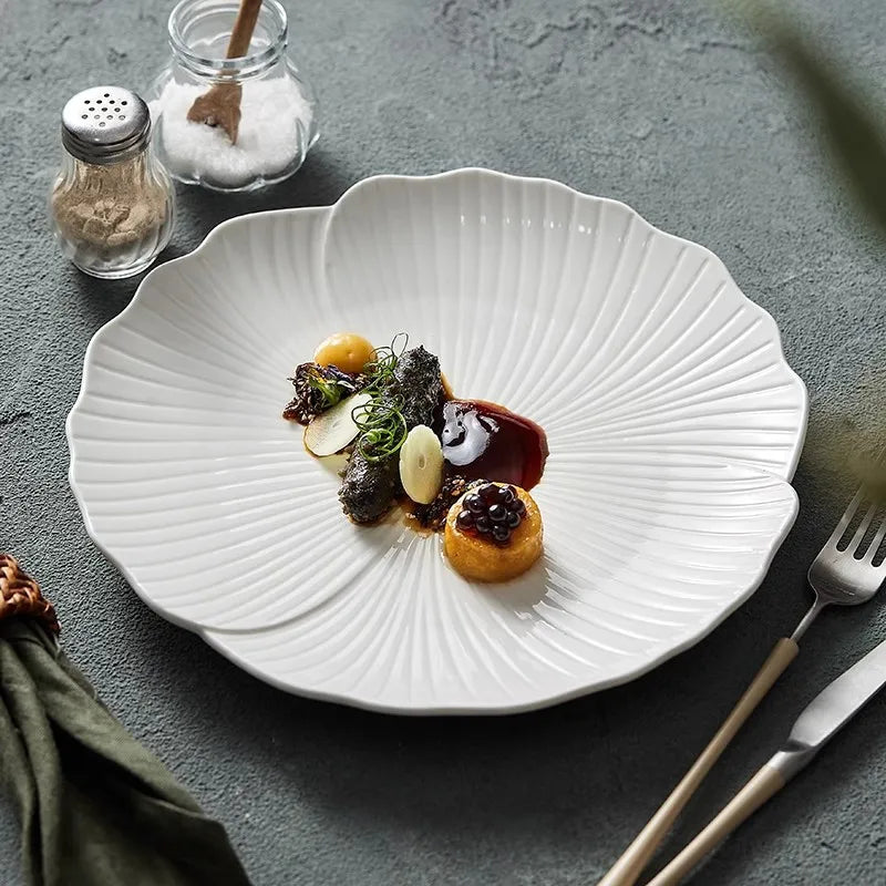 White ceramic dinner plates - elegant irregular porcelain flatware set for home kitchen dining