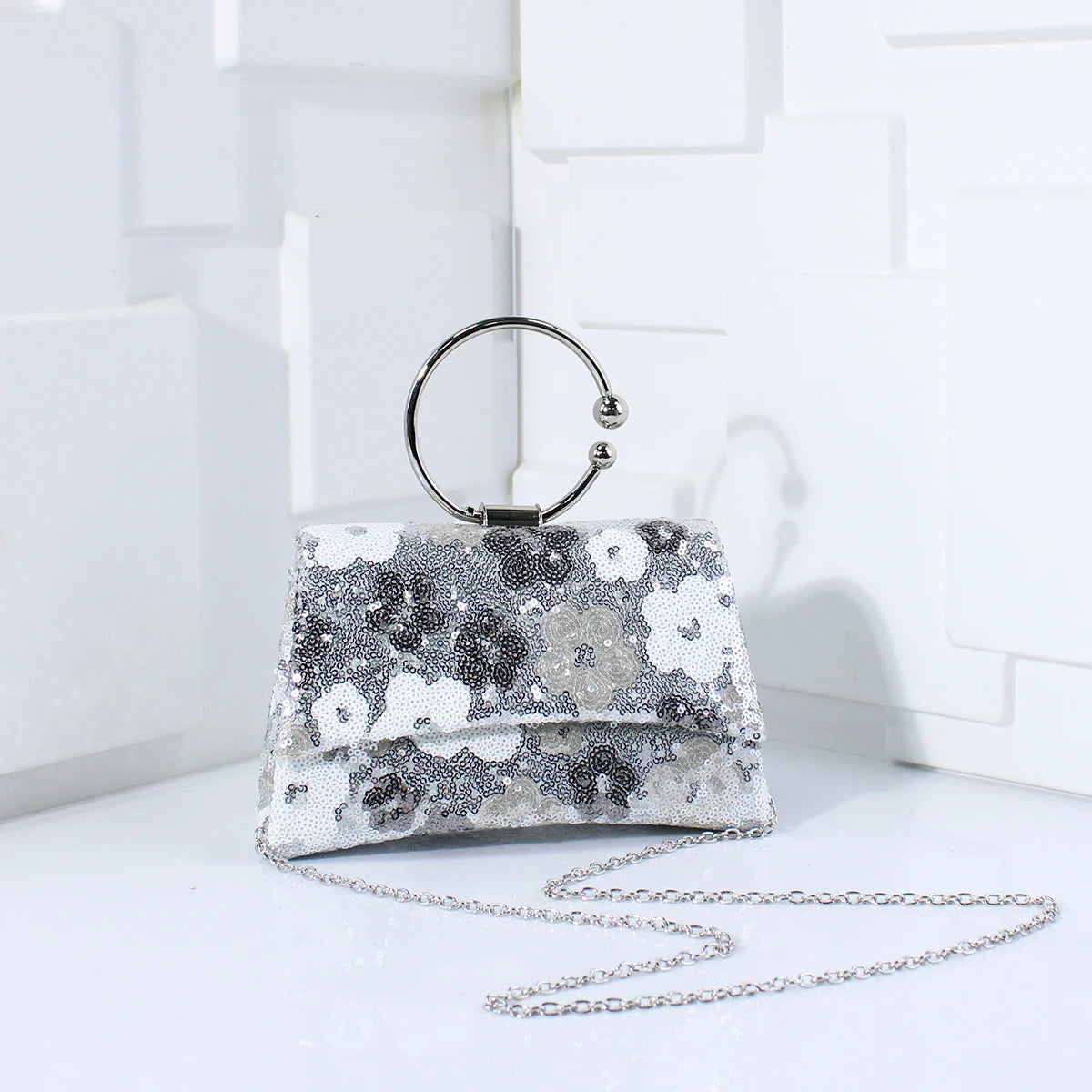 Elegant Sequins Evening Handbag with Floral Design