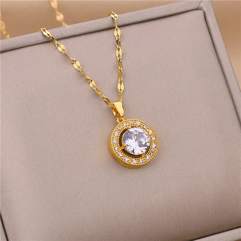 Elegant Zircon Crystal Stainless Steel Necklace