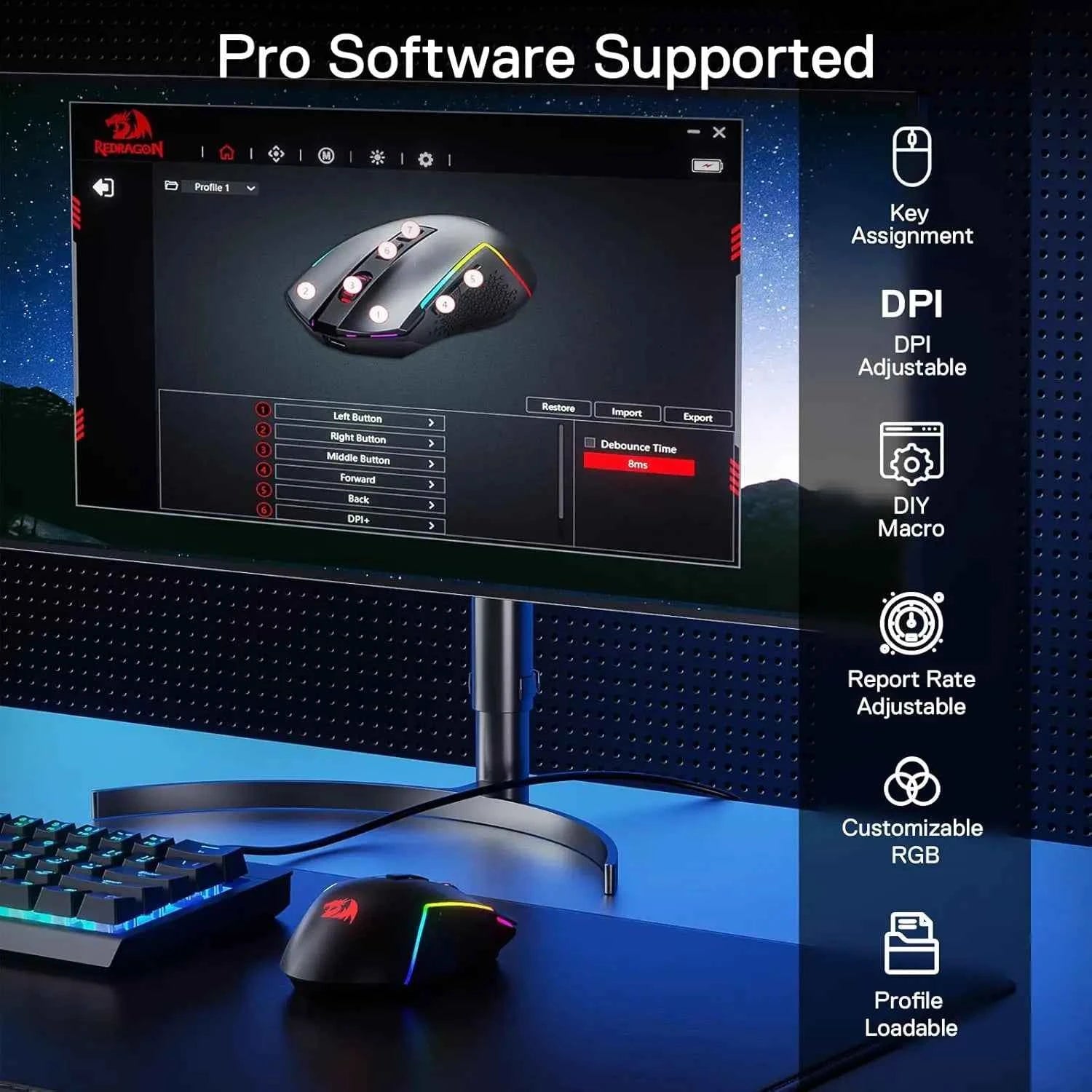 Redragon M693 LIT Wireless Gaming Mouse, 12800 DPI Mice w/ 3-Mode Connection, BT & 2.4G Wireless, 7 Macro Buttons