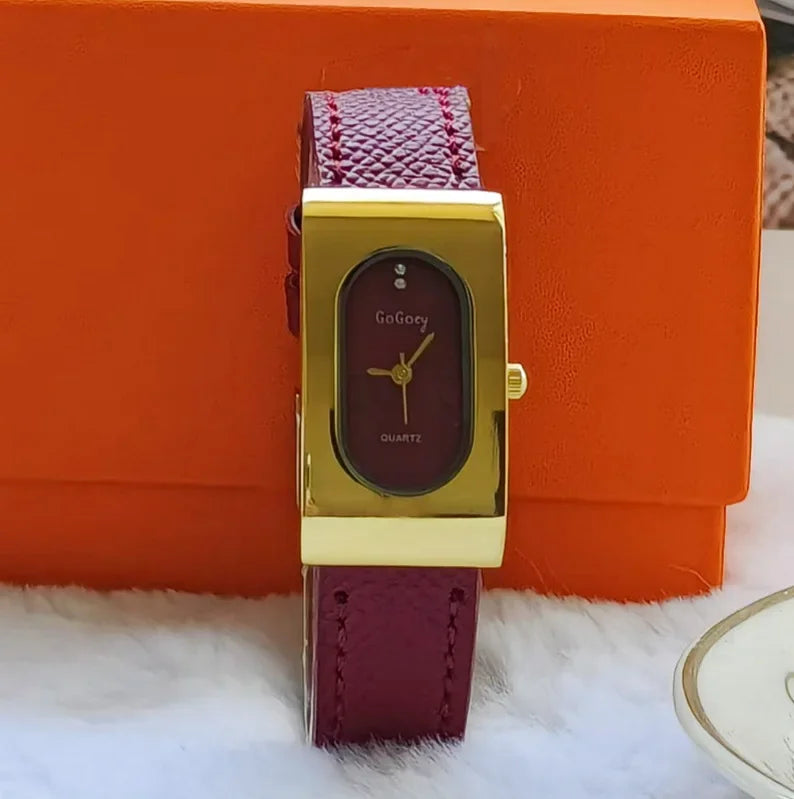 Elegant Ladies Rectangular Quartz Watch - Leather Strap