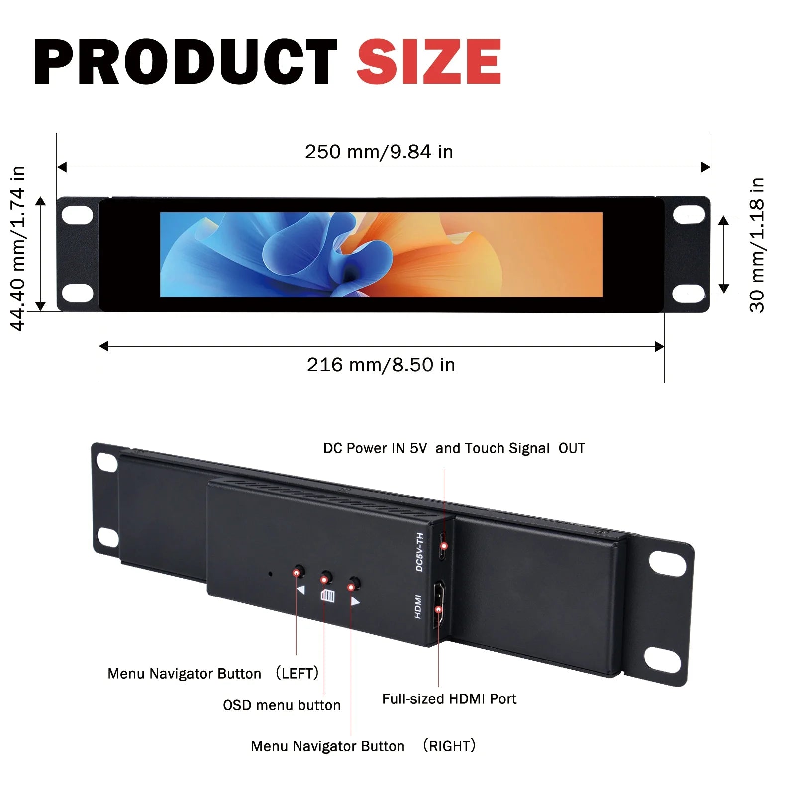 Premium 1U Rackmount Monitor - DeskPi 6.91-inch Touch Screen