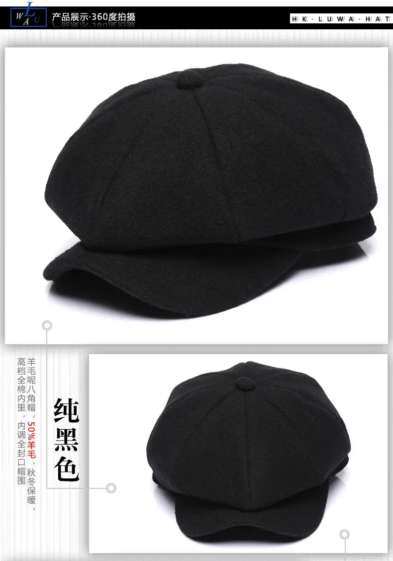 Premium Winter Wool Cap - Thickened Tweed Newsboy Style