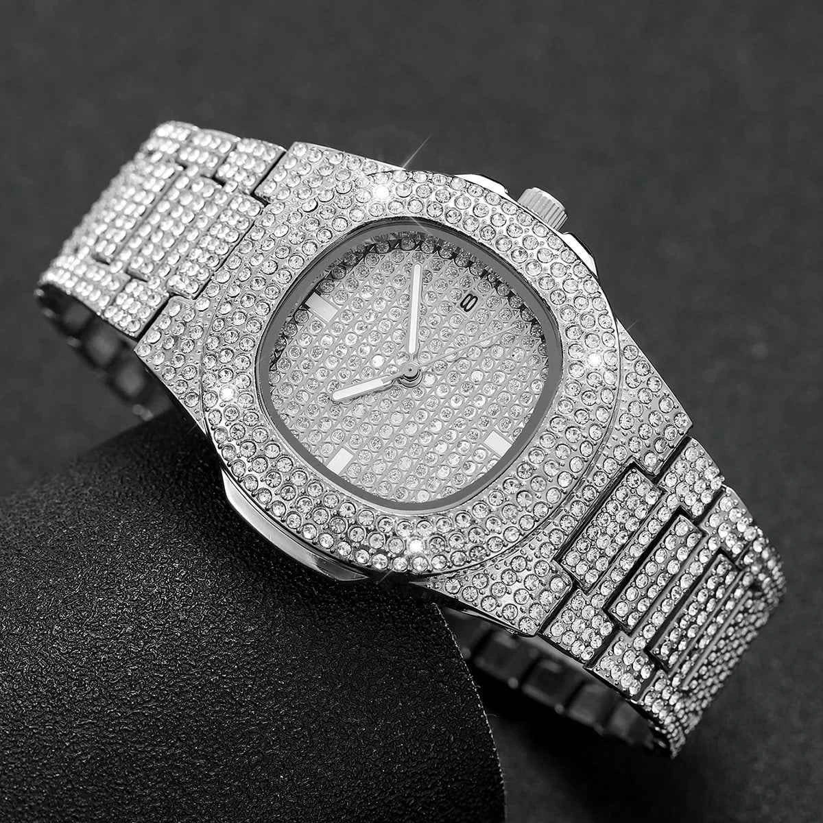 Luxury Diamond Men's Quartz Watch - Stainless Steel with Calendar