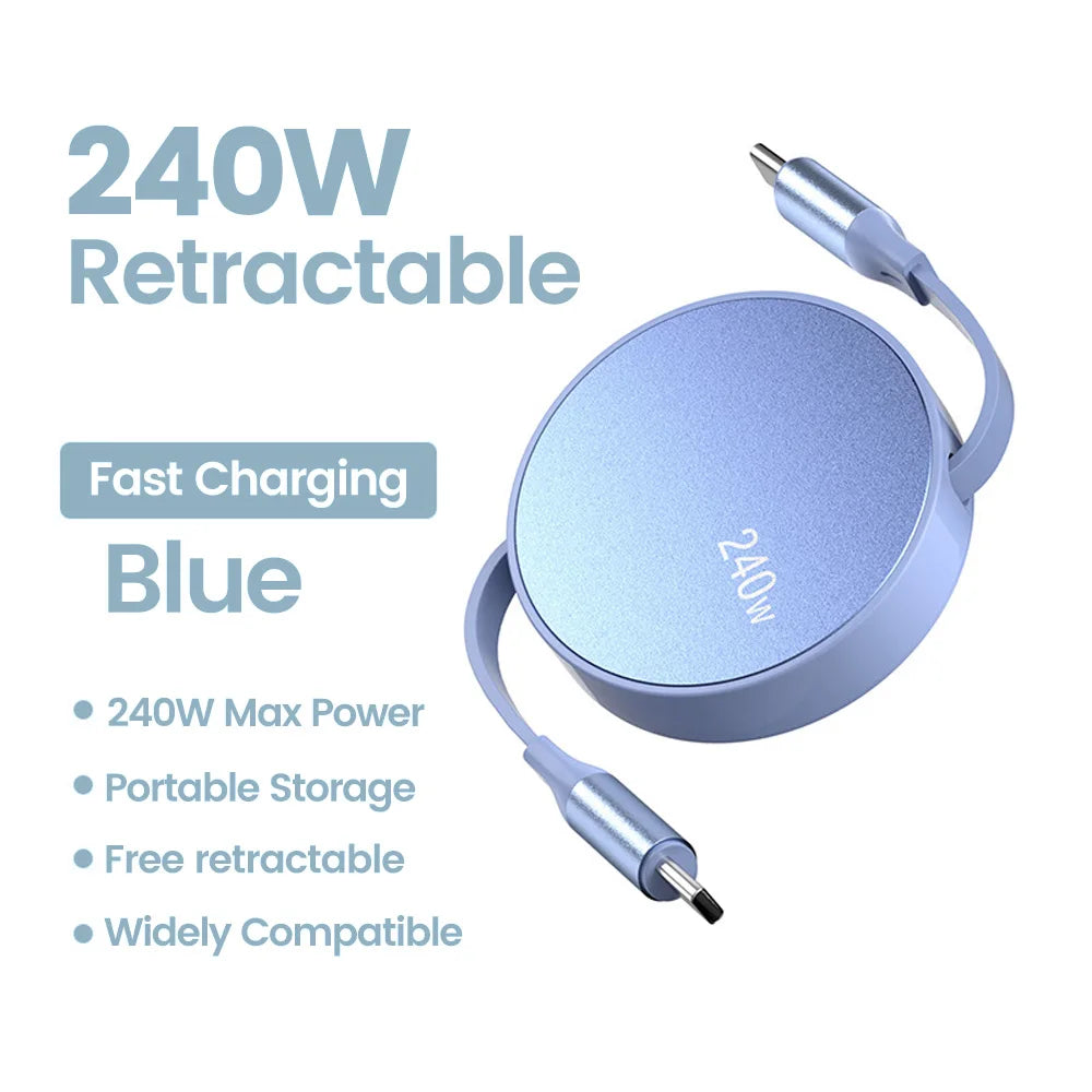 Retractable 240W USB C to USB C Fast Charging Cable - Premium PD Data Cord