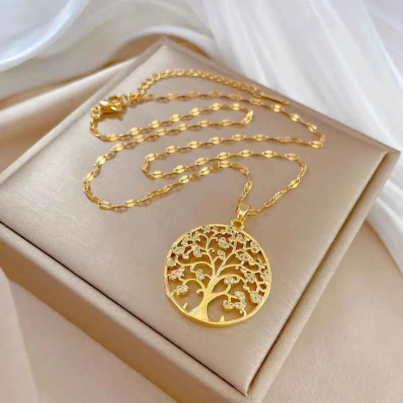 Luxury Rhinestone Tree of Life Necklace - Vintage Stainless Steel