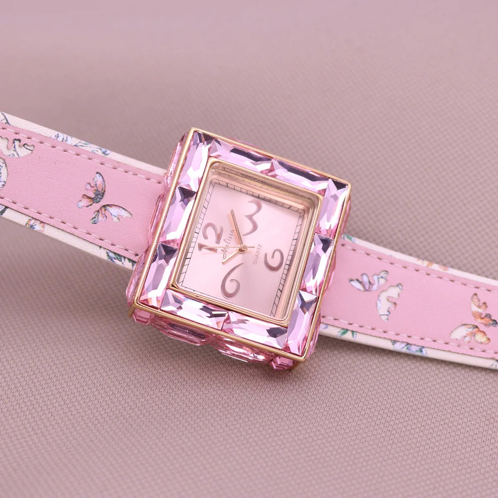 Elegant Crystal Square Watch - Ivory square watch with rhinestones on a wrist