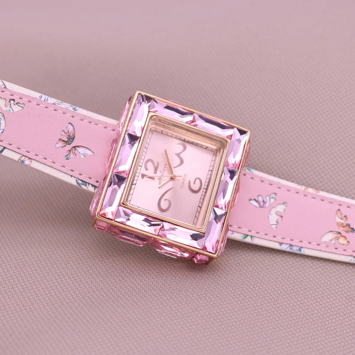 Elegant Crystal Square Watch - Ivory square watch with rhinestones on a wrist
