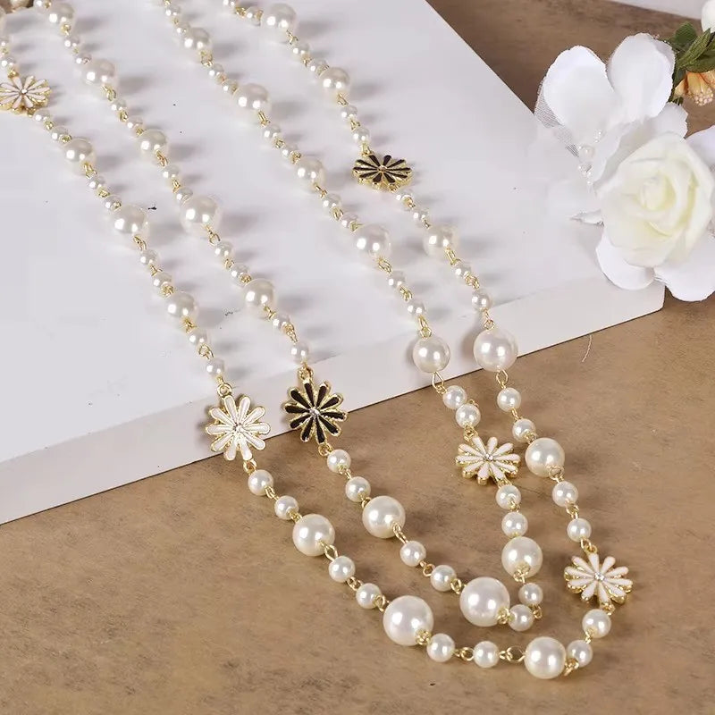 Elegant Long Pearl Necklace - Multilayer Camellia Flower Design