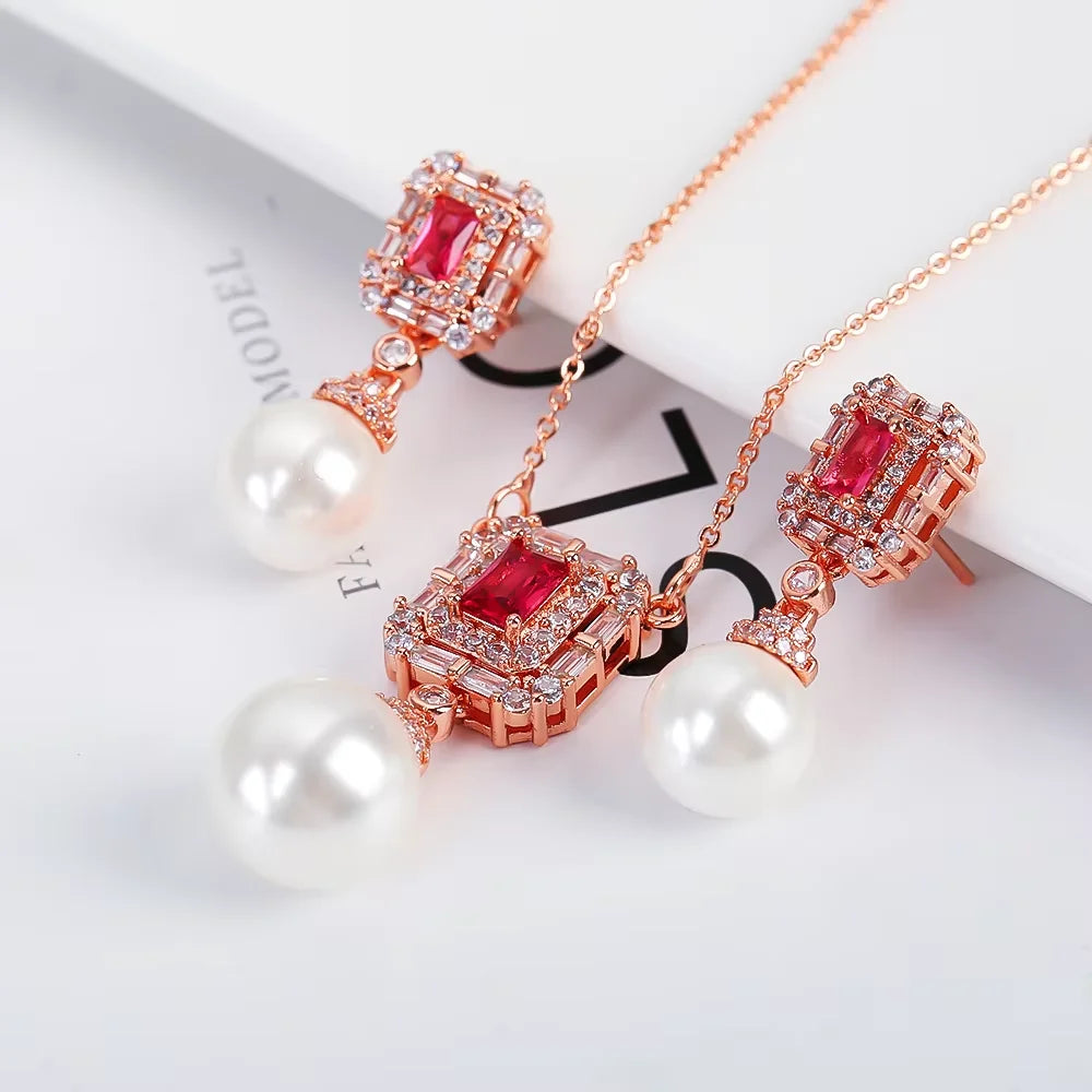 Luxury Pearl Pendant Necklace Earring Set - 18K Gold Plated