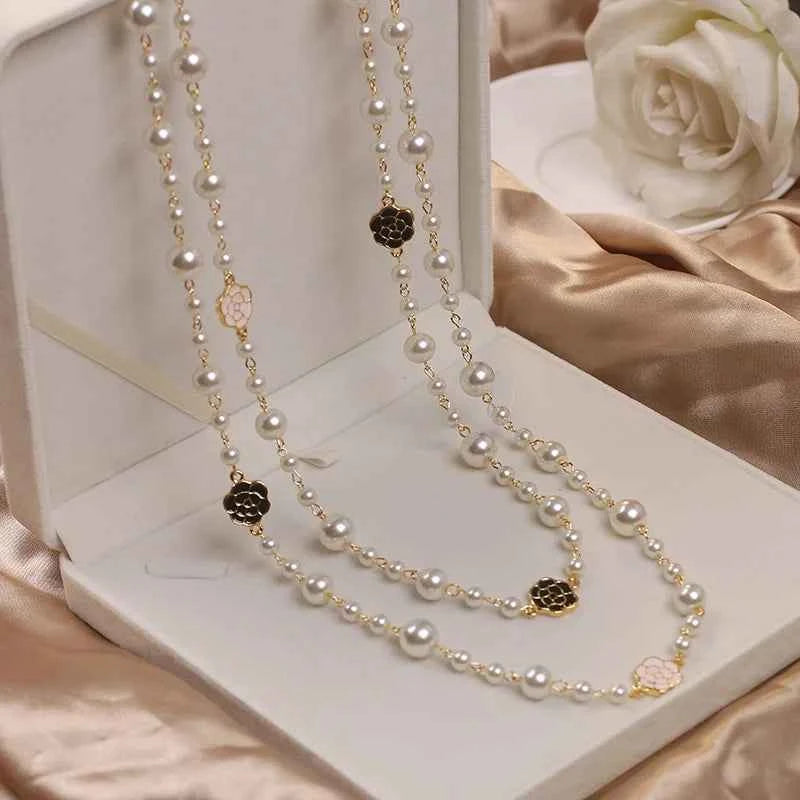 Elegant Long Pearl Necklace - Multilayer Camellia Flower Design