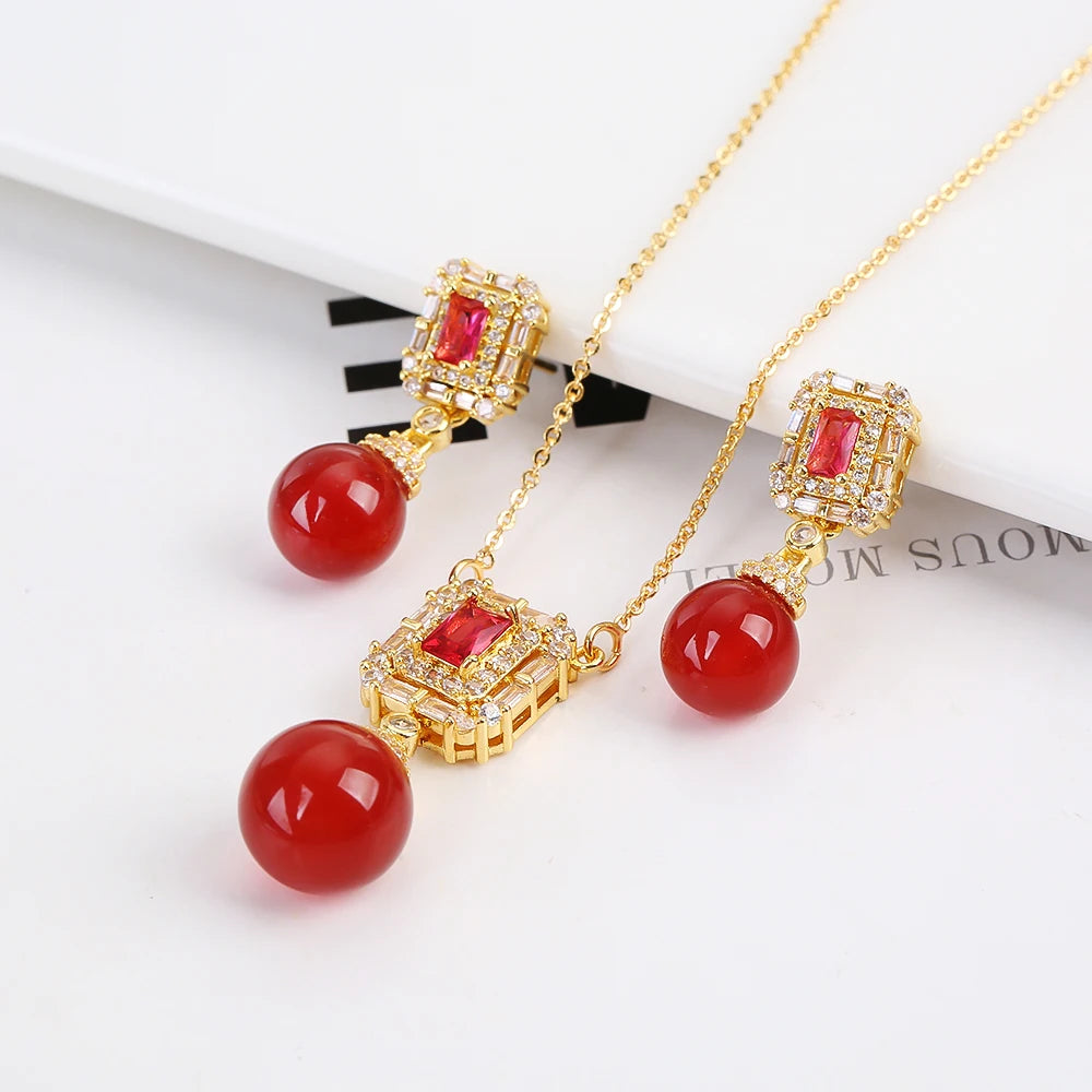 Luxury Pearl Pendant Necklace Earring Set - 18K Gold Plated