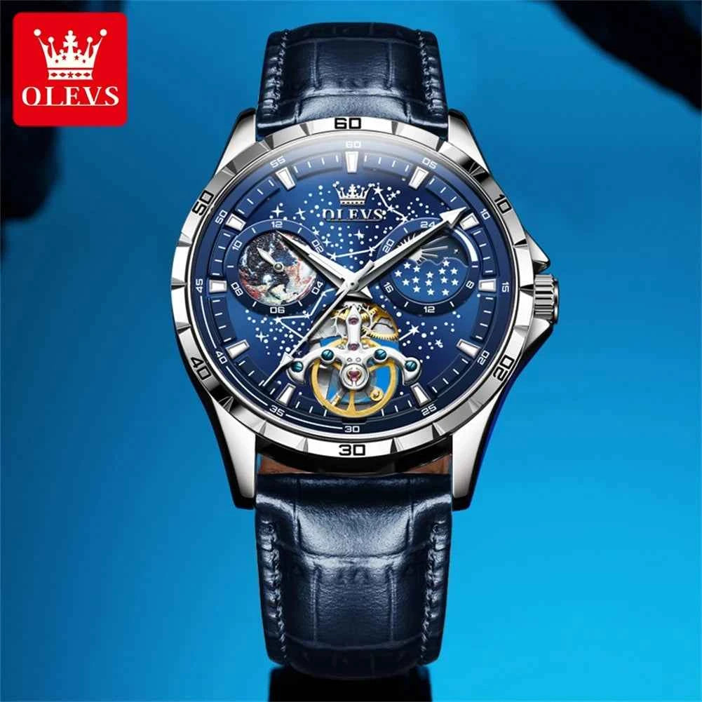 OLEVS 6689 Luxury Brand Moon Phase Automatic Watch for Men Skeleton Flywheel Chronograph Luminous Starry Sky Original Man Watch