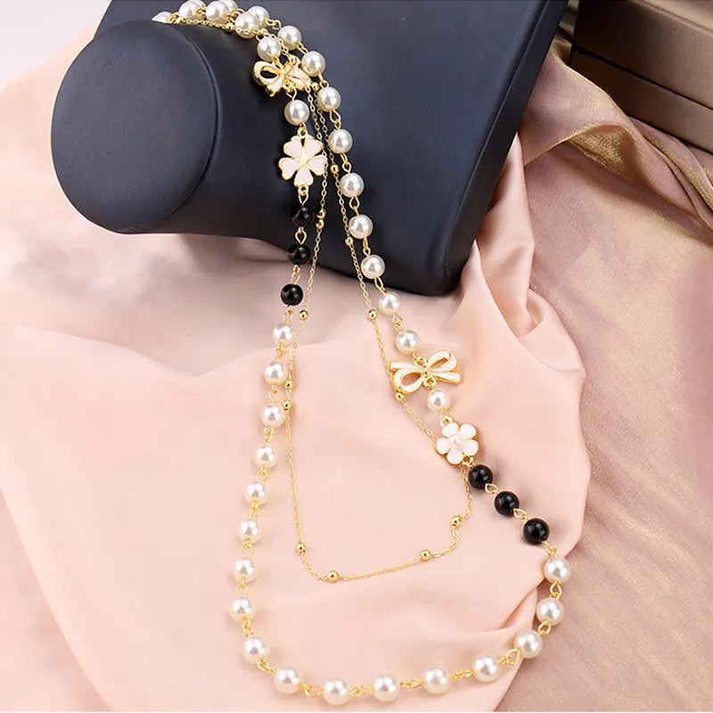 Elegant Long Pearl Necklace - Multilayer Camellia Flower Design