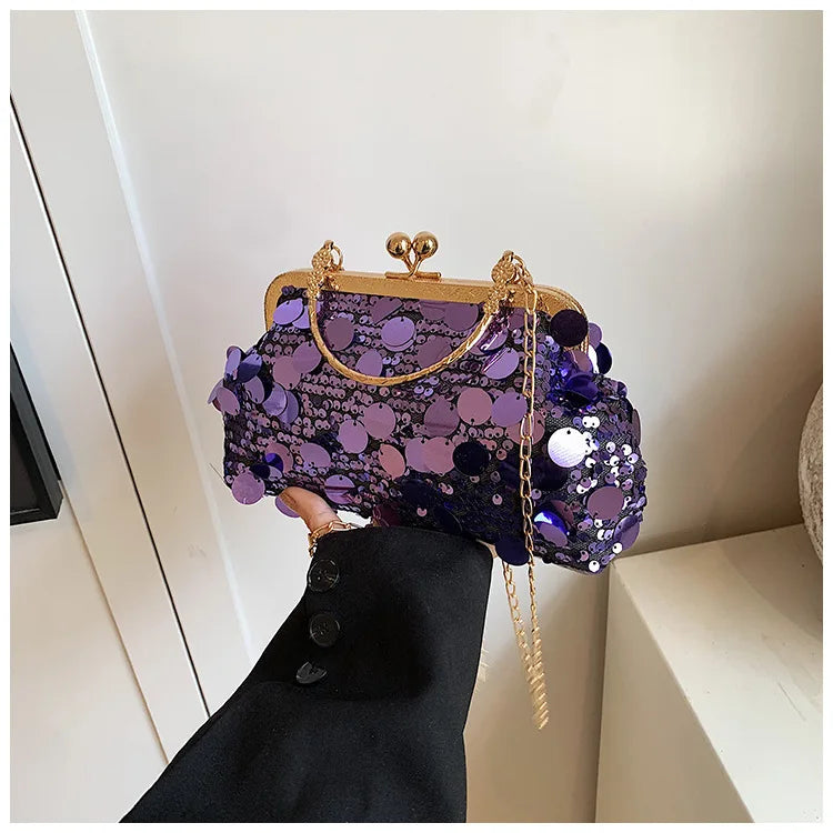 Elegant Sequins Evening Clutch Bag - Bling Chain Strap
