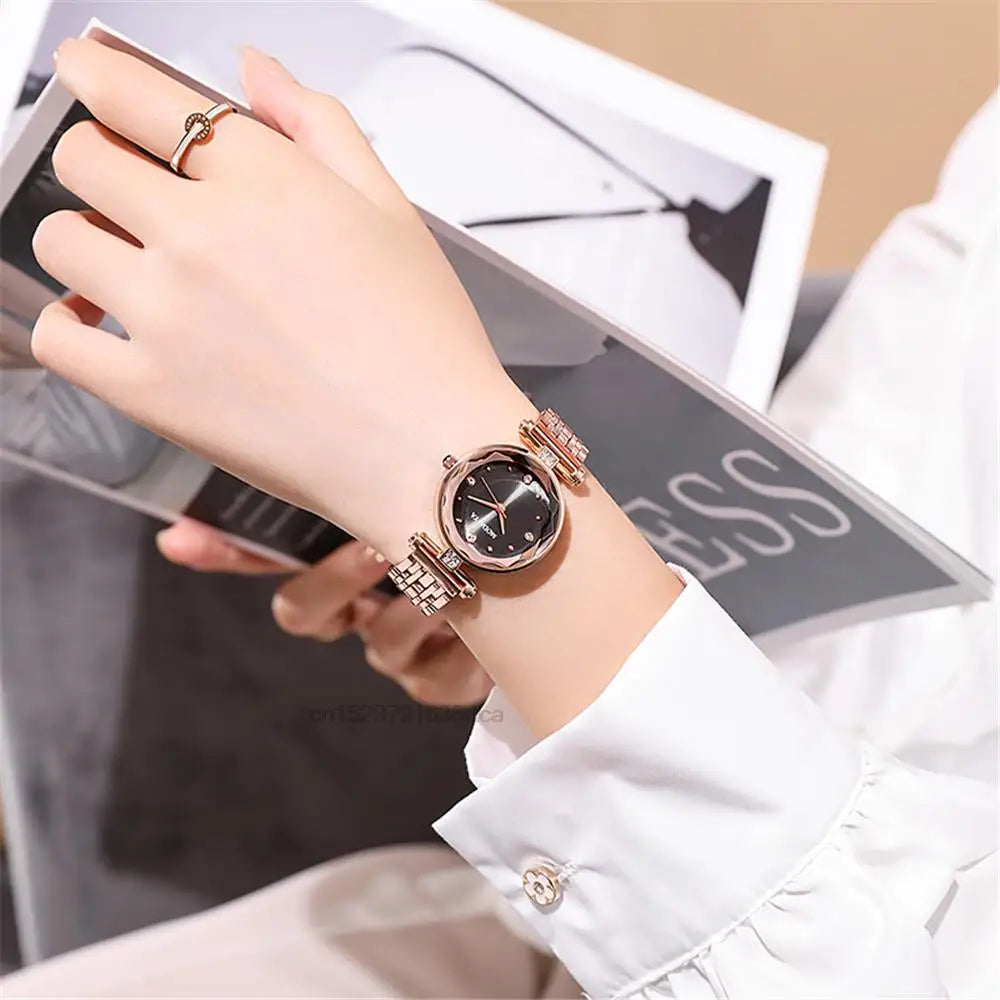 Elegant Ladies Diamond Quartz Watch - Red Alloy & Leather