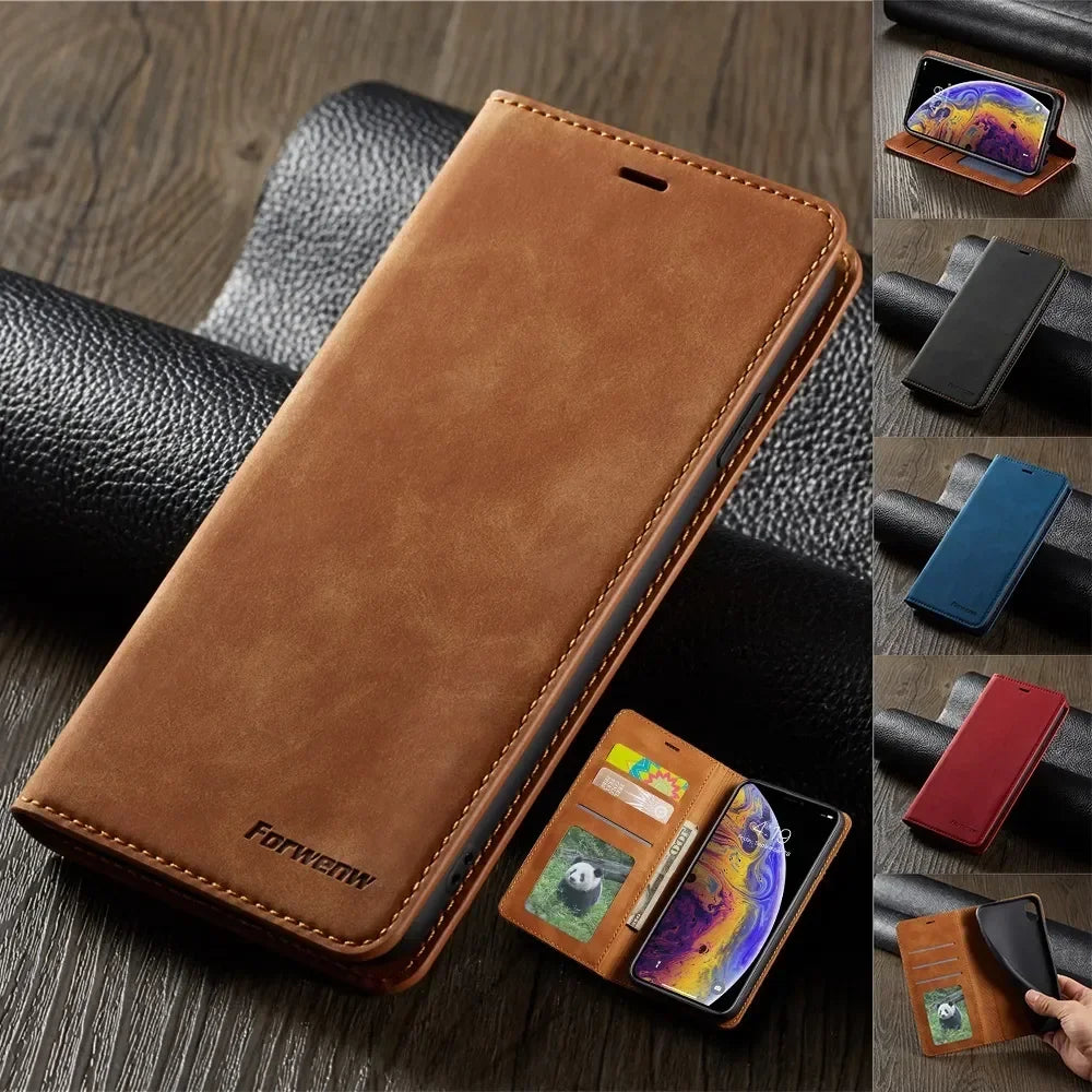 Suede leather iPhone wallet case - black magnetic flip cover for various iPhone models