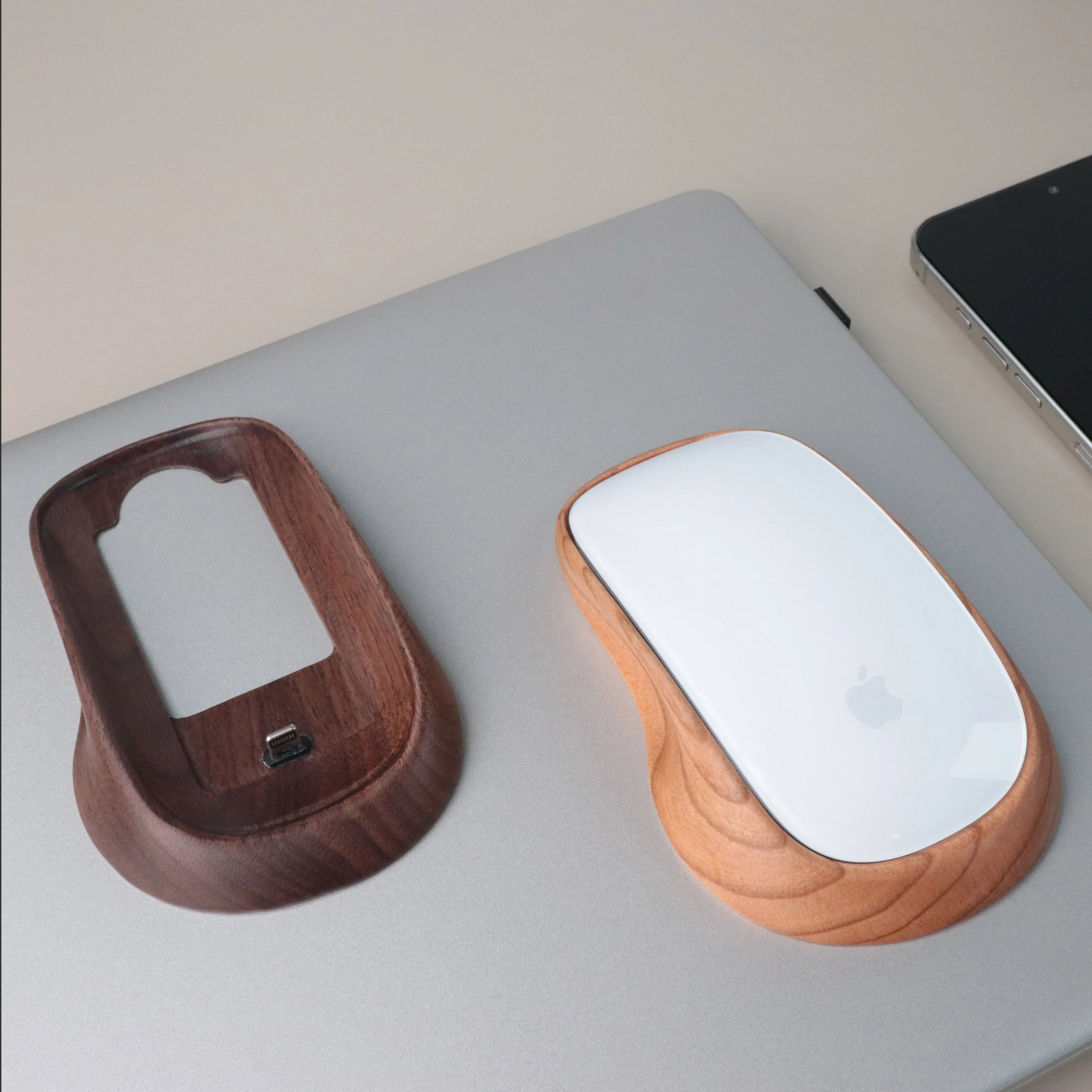 Premium Walnut Magic Mouse Base - Wood Charging Dock with Lightning Port