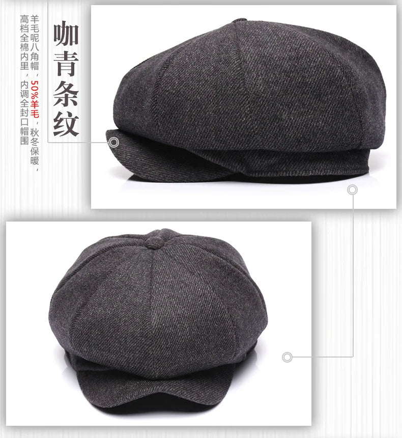 Premium Winter Wool Cap - Thickened Tweed Newsboy Style