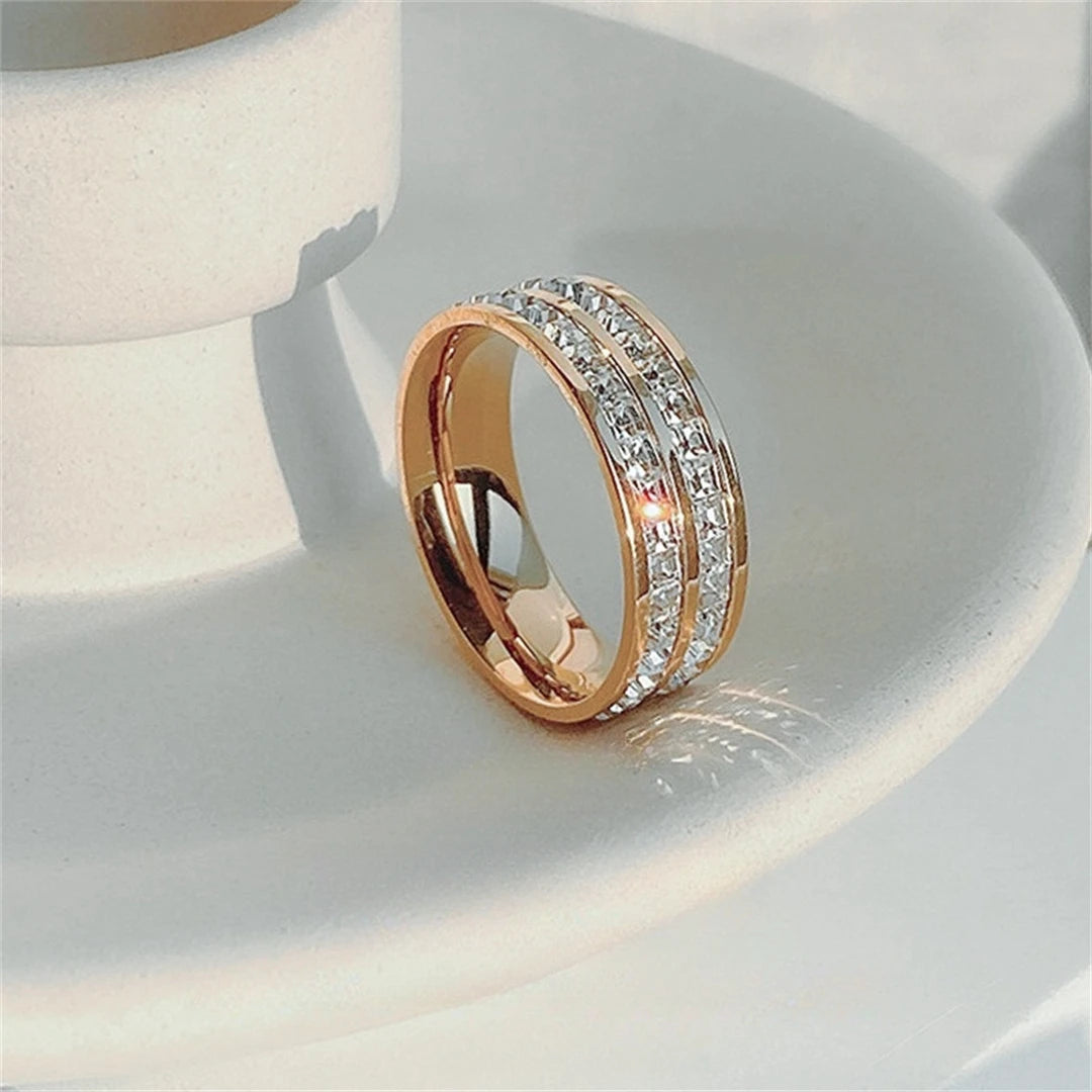Elegant Stainless Steel Ring - Rose Gold Zircon Wedding Band