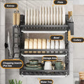Wall-Mounted Dish Rack - 2-layer black metal kitchen organizer with drainboard and cutlery holder