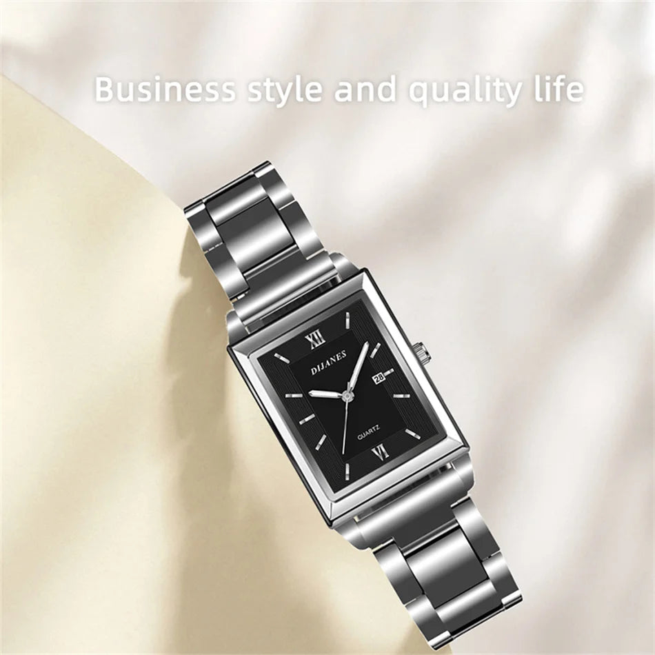 Elegant Men's Rectangle Watch - Stainless Steel Quartz