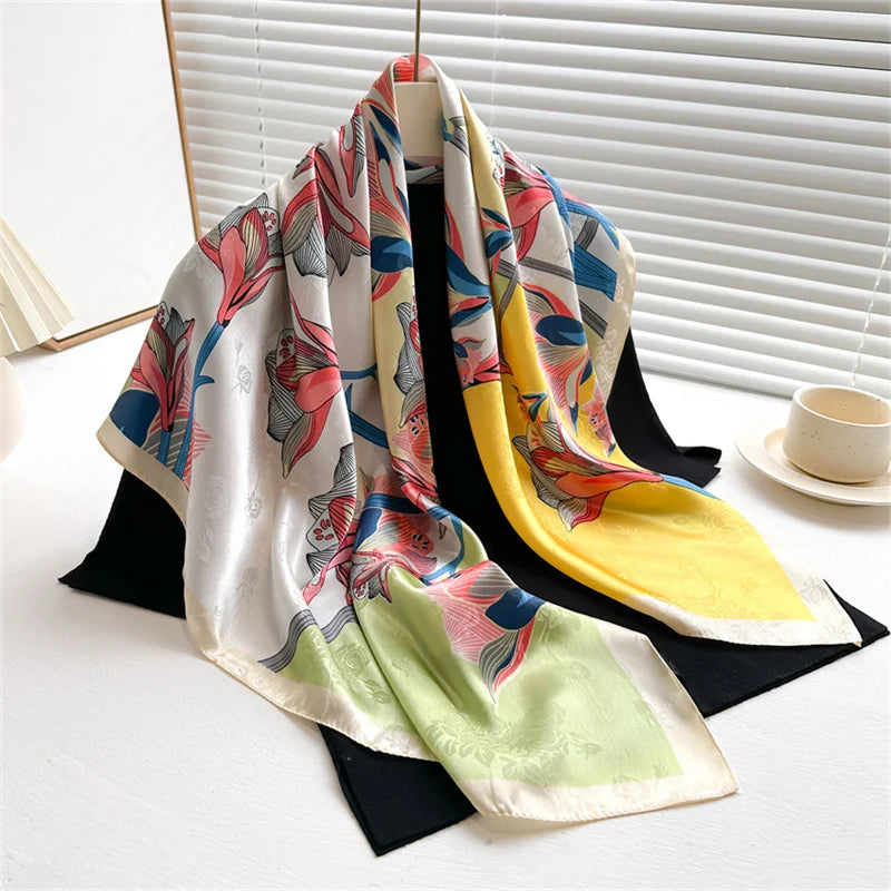 Luxury Square Silk Scarf - Elegant Tree Print Neck Shawl