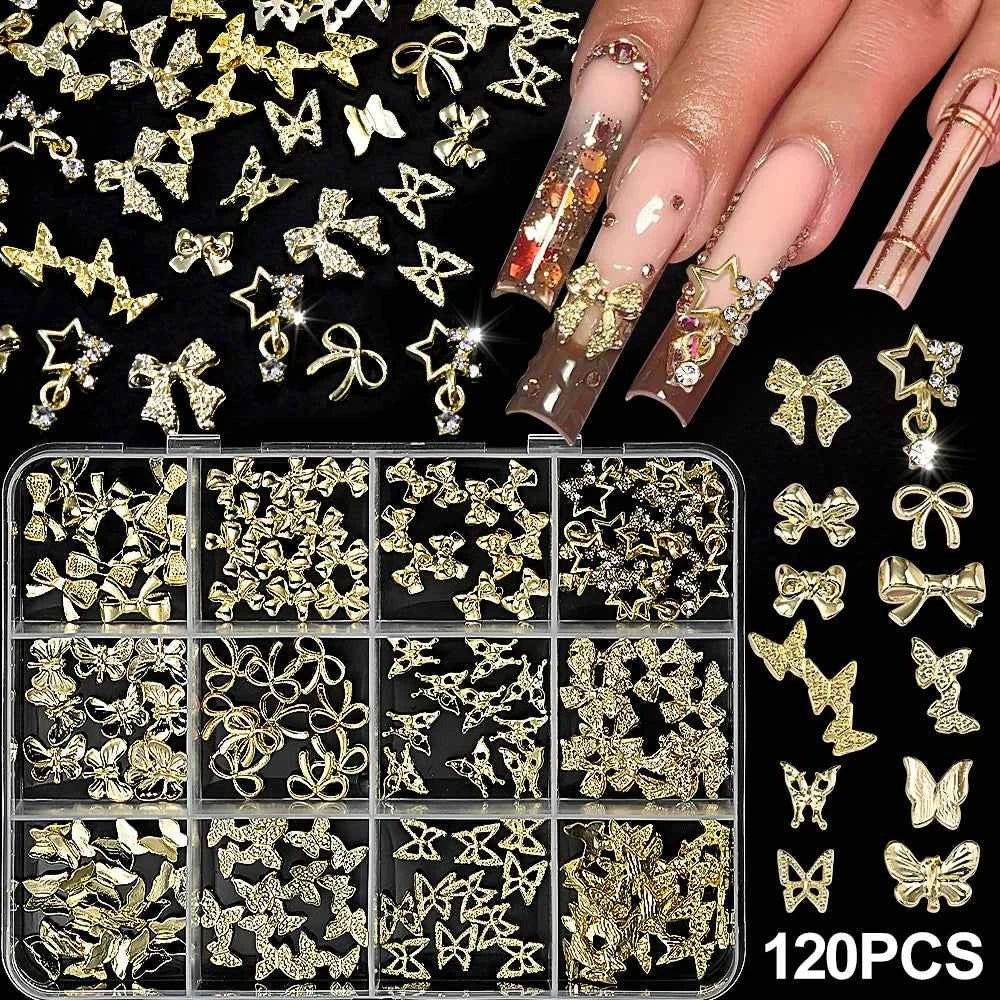 Luxury 3D Gold Bow Nail Metal Charms - 120pcs Shiny Art Supplies