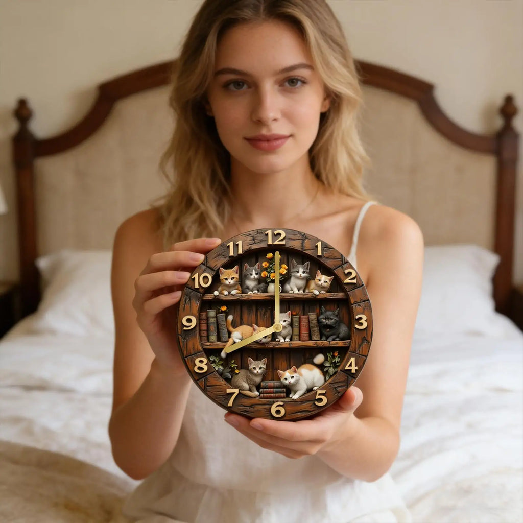 Premium Cat Theme Wall Clock - Silent Wooden Decor