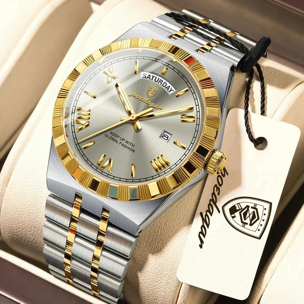 POEDAGAR Fashion Business Men's Watch Luminous Waterproof Week Date Luxury Man Wristwatch Stainless Steel Quartz Watches For Men
