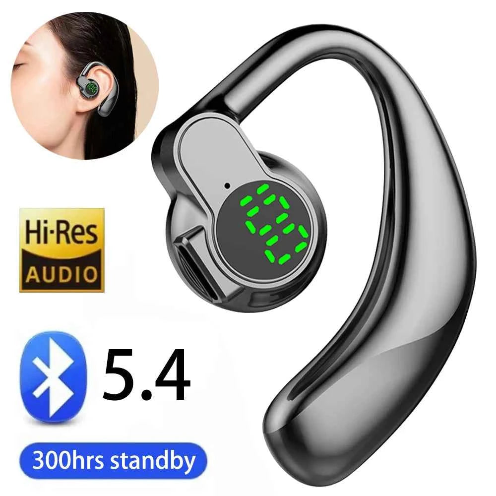 Bluetooth ear hook headphones - black ergonomic design with LED display on earhook