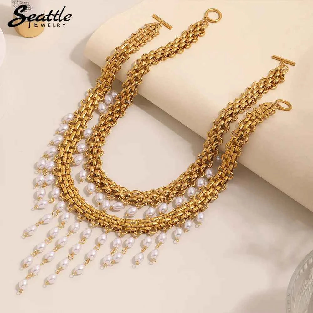 Luxury Golden Chunky Chain Necklace & Pearl Set