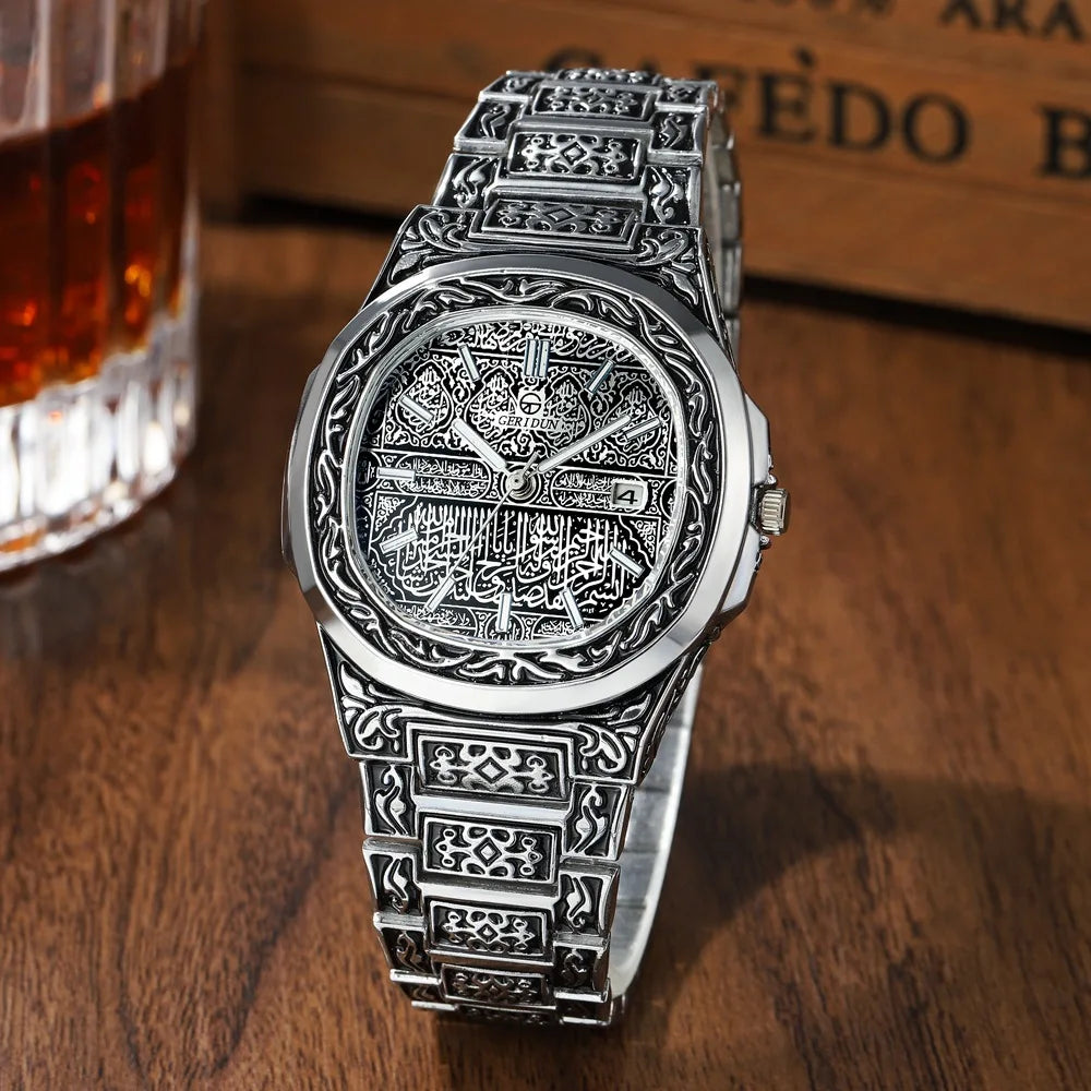 Elegant Men's Quartz Wristwatch - Embossed Stainless Steel