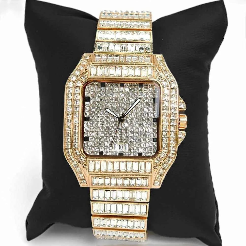 Luxury Gold Hip Hop Watch - Full Baguette Diamond Quartz Wristwatch