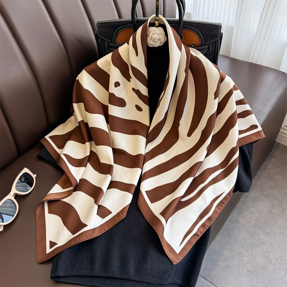 Luxury Square Silk Scarf - Elegant Tree Print Neck Shawl