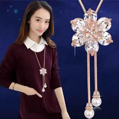 Luxury Crystal Flower Long Sweater Necklace - Elegant Pendant