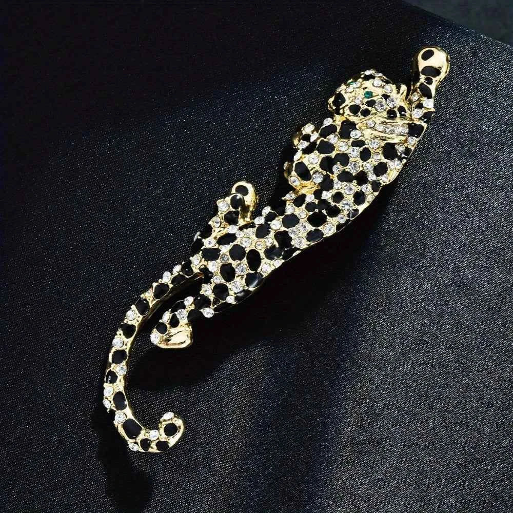 Vintage Gold Tone Leopard Brooch with Rhinestones and Crystal Eyes