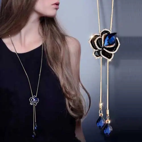 Luxury Crystal Flower Long Sweater Necklace - Elegant Pendant