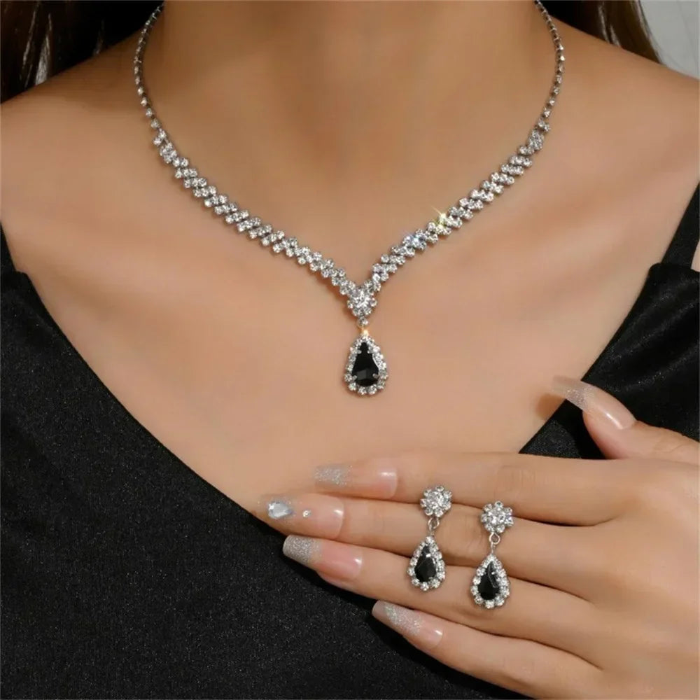 Elegant Crystal Necklace Set - Water Drop Pendant Party Jewelry