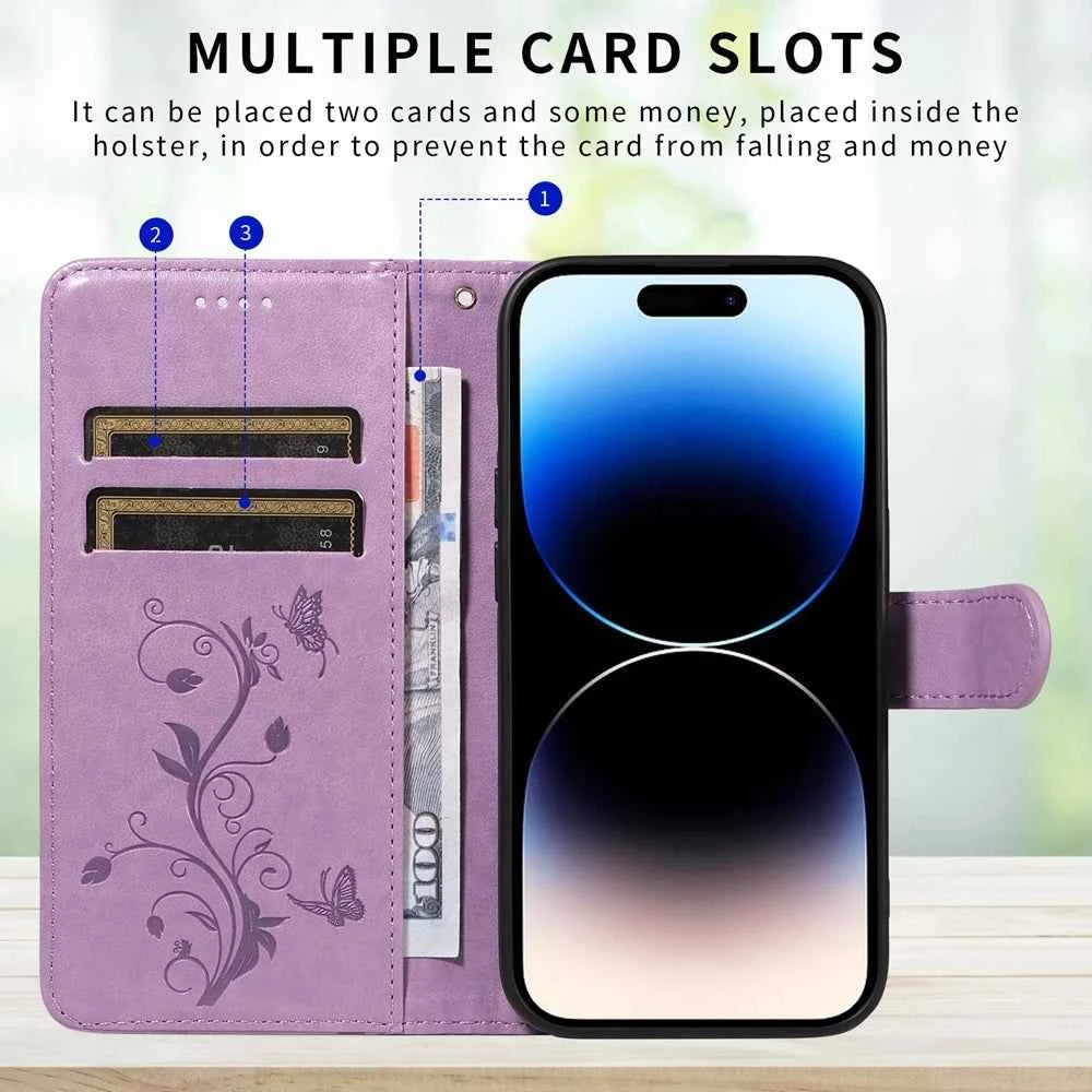 Premium Butterfly Flower Leather Case - Flip Wallet Book Cover
