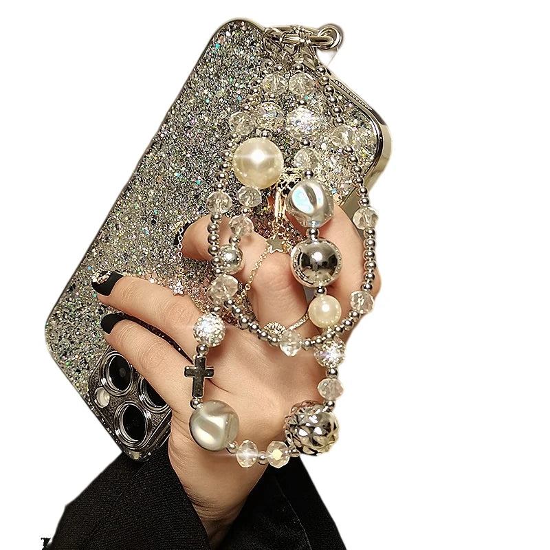 Luxurious Pearl Phone Lanyard - Elegant Crystal Double Chain