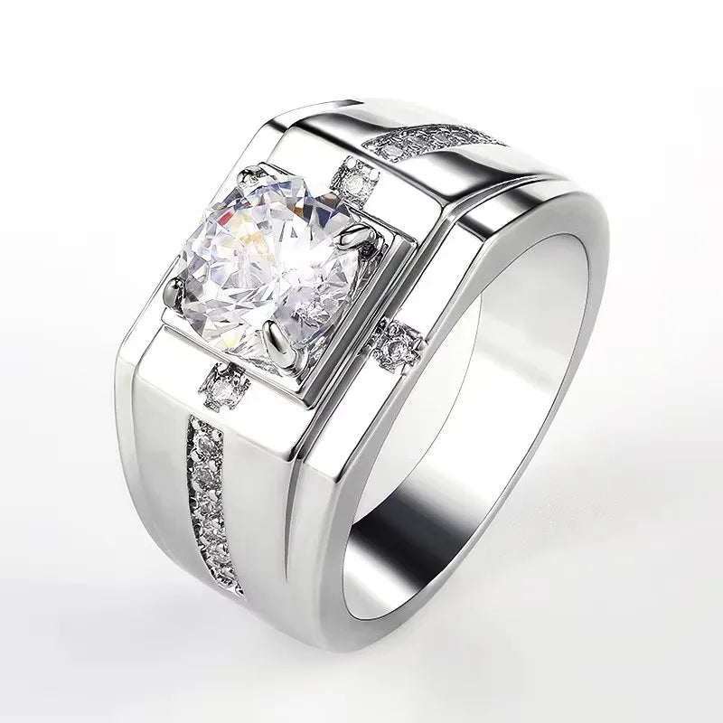 Luxury Silver Cubic Zircon Ring for Men - Classic Wedding Band